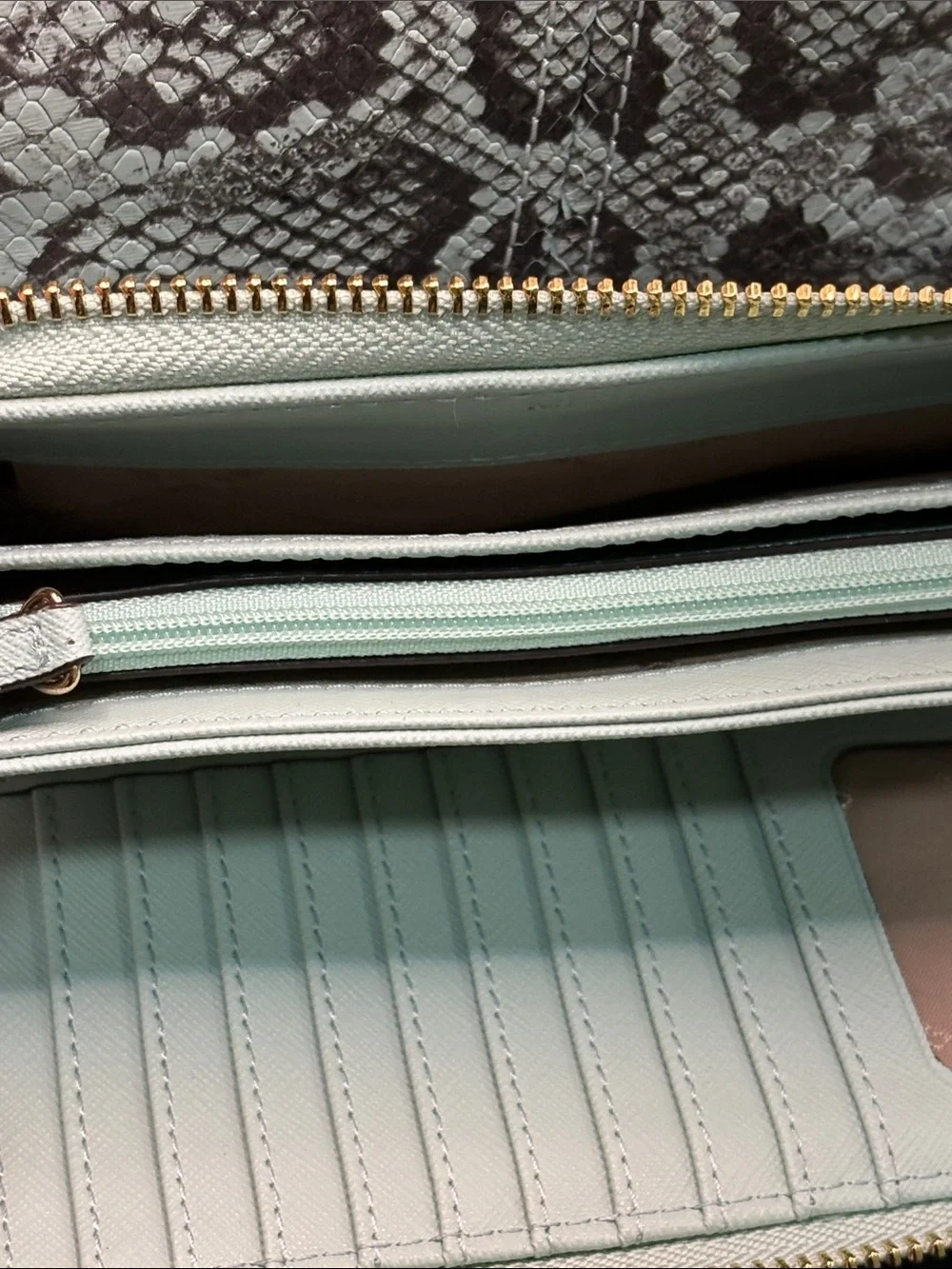 Michael Kors Mint Snake-Print Tote with Matching Wristlet and White Sneakers